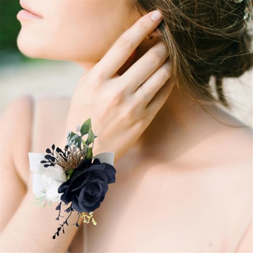 Black Ivory Rose Wrist Corsage for Wedding Party Bridal Shower Homecoming Ceremony Anniversary Artificial Silk Flowers Wristlet Corsage for Girl Mother Bride Bridesmaids - color: Black Ivory Corsage