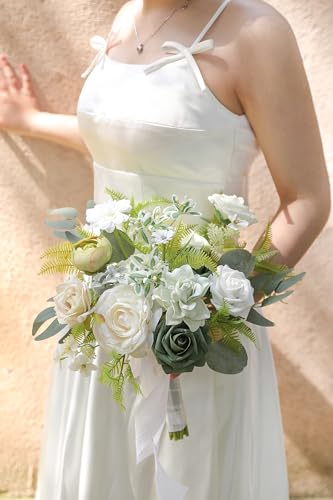 White Green Artificial Flowers Combo Box Set Fake Flowers Bulk Flower Leaf with Stems for DIY Wedding Bouquets Centerpieces Baby Shower Party Home Decorations - color: White Green