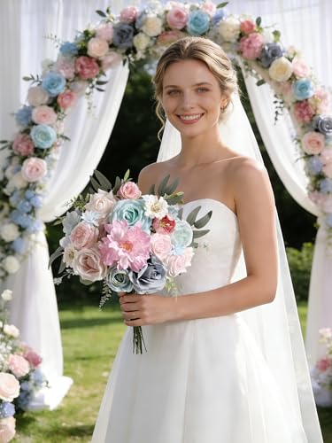 Artificial Flowers Roses Fake Flowers with Stems Blue Pink Artificial Flowers for DIY Bridal Bouquets Faux Flowers Centerpieces for Table Home Decor - color: Blue&pink