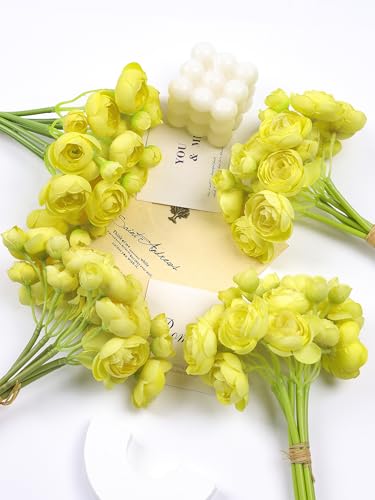 32Pcs Ranunculus Artificial Flowers, Yellow Fake Peonies, Real Touch Silk Faux Mini Ranunculus Filler Flowers Bulk for DIY Wedding Bouquet, Vase Centerpieces, Bridal Shower Decor - color: Yellow