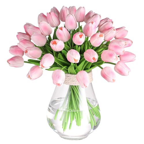 30 Pcs Artificial Tulips PU Faux Flowers, Pink Real Touch Fake Tulips for Valentine's Day Spring Easter Home Kitchen Wedding Decorations and New Year Decor - color: Pink