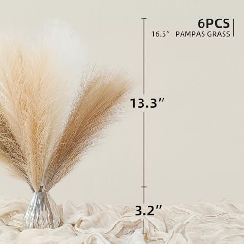 ZIFTY 6-Pcs 17" Pampas Grass Faux Pompas Fluffy Artificial Fake Flower Boho Decor for Vase Filler Ins Style Modern Home Wedding Decorations (Beige Mixed) - color: Beige & Brown & Taupe, size: 17in 6pcs
