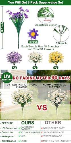 8 Bundles Artificial Daisy Flowers for Outdoors Summer Decor, UV Resistant Fake Cemetery Flowers Faux Plastic Greenery Shrub Plants for Home Gardens Porch Patio Cemetery Décor(Mix White Yellow Purple) - color: Mix White Yellow Purple, size: 8 Bundles