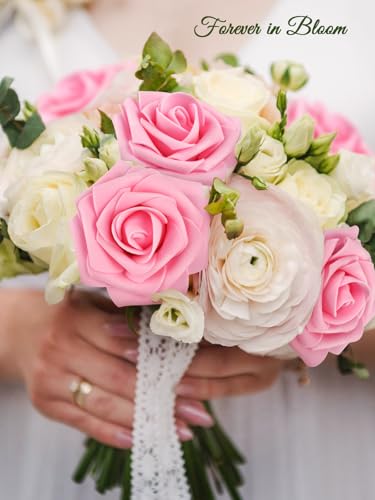 MACTING Pink Artificial Flower Roses 60PCS Real Touch Fake Flowers with Stem Foam Roses for DIY Wedding Bouquet Table Centerpieces Party Bridal Shower Birthday Home Spring Valentines Day Decorations - color: Pink, size: 60PCS