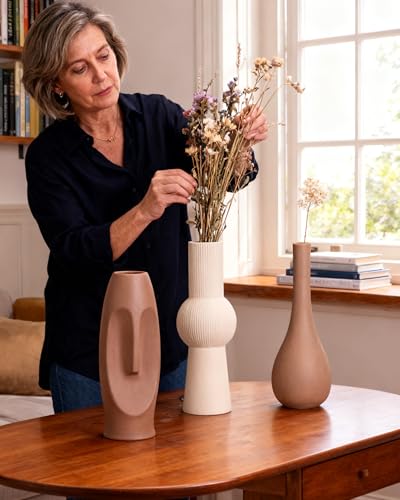 Ceramic Vase Set of 3 Home Decor Modern Farmhouse Style Living Room Ornament Dining Table Room Pottery Small Vases for Dried Flowers Colorful - color: Vt13 Brown/Beige