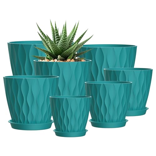 4/4.5/5/5.5/6/6.5/7 Inch Plant Pots,7 Pack Flower Pots with Drainage Holes and Trays,Plastic Planters for Indoor Outdoor Plants Growth,Green - color: Blue-green, size: 7+6.5+6+5.5+5+4.5+4inch