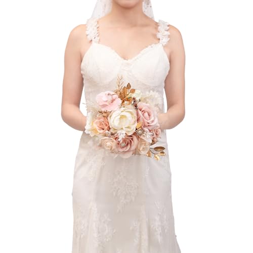 TINGE TIME Champagne White & Pink Wedding Bouquet 9in Artificial Toss Rose for Bride, Bridesmaid Artificial Flowers for Wedding Ceremony Anniversary Bridal Showers Wedding Church Decoration - color: Champagne&pink