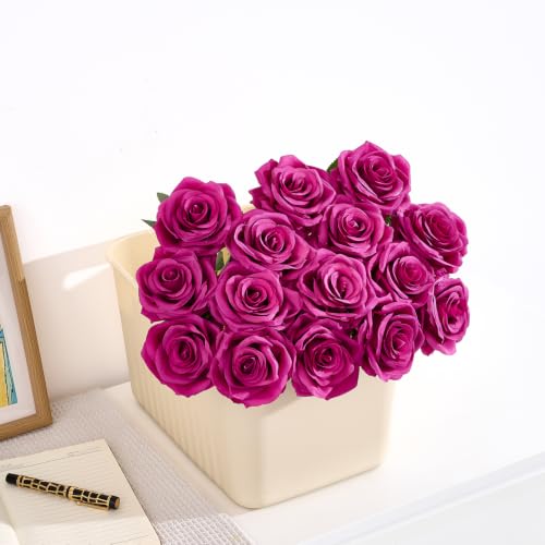50pcs Magenta Roses Artificial Flowers Bulk Fake Roses Silk Flower with Stems Realistic Flowers for Wedding Centerpiece Party Birthday Decor - color: Magenta