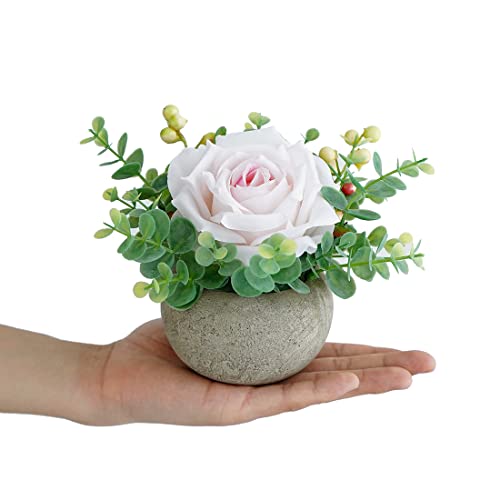 Small Artificial Light Pink Rose Potted Plant, 6" Fake Silk Flowers in 3.5" Round Pot, Mini Faux Floral Arrangement for Desk Shelf Bathroom Decor - color: Light Pink