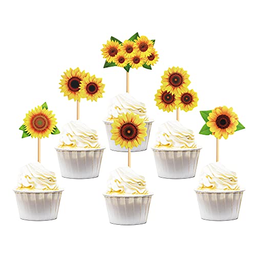 36Pcs Printed Sunflowers Cupcake Toppers Yellow Flowers Cupcake Picks for Yellow Floral Birthday Party Sunflower Theme Baby Shower Wedding Anniversary Graduation Party Cake Cupcake Decorations - color: Sunflowers