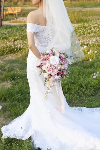 12 Inch Cascade Wedding Bouquets for Bride, Fuchsia & Pink Cascading Bridal Bouquet for Wedding Silk Artificial Flowers - color: Fuchsia & Pink