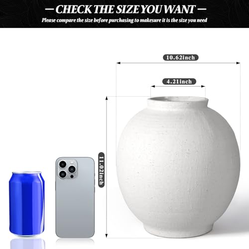 11" White Ceramic Vase, Rustic Farmhouse Living Room Home Decor | Artisan Handcrafted Large Ceramic Vase,Round Ceramic Flower Vase - size: 11.1Inch