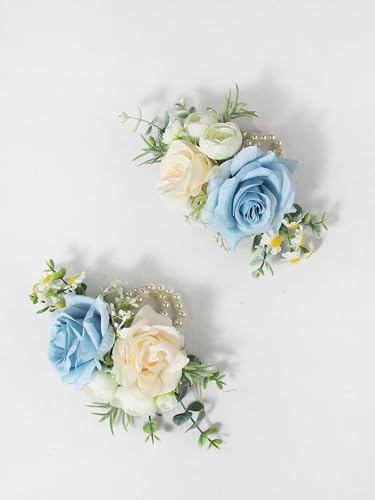 Rinlong 2Pcs Blue Champagne Wrist Corsage for Wedding, Prom, Homecoming | Bridesmaid, Mother of the Bride Corsage - color: 18-baby Blue