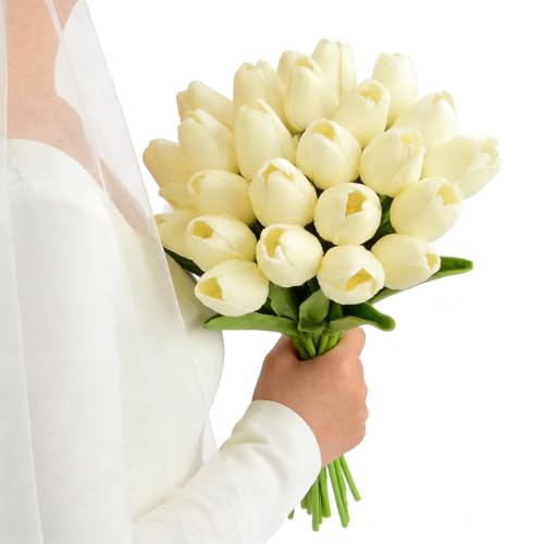 Artificial Tulips Bridal Wedding Festival Decor Bouquet Real Touch PU Flower Bouquet Pack of 20 (Off-White) - color: Off-white