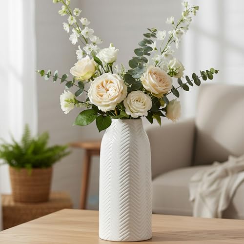 hjn White Vase for Flowers Ceramic Vase for Decor, Modern Decorative Tall Vases for Your Kitchen/Office/Living Room/Bookshelf/Mantel - White Texture(Medium) - size: 6D'' x 12"H