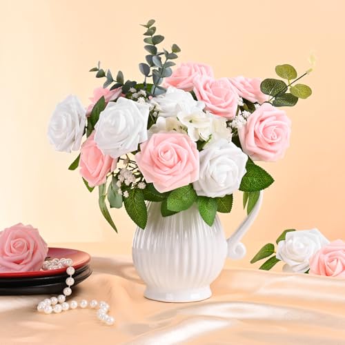 9 Pcs Artificial Flowers Fake Rose with Stems - Pink Real Touch Foam Roses for DIY Wedding Bouquet Bridal Shower Cake Toppers Centerpiece Table Valentines Day Supplies Decorations - color: Pink, size: 9Pcs