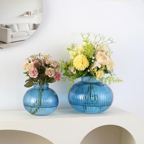 Blue Glass Vases for Tulips, Set of 2, Flower Vases for Bouquet, Ribbed Glass Vase for Flowers, Short Vase for Living Room, Office, Coffee Table, Shelf, Wedding - color: Blue, size: Round+Medium