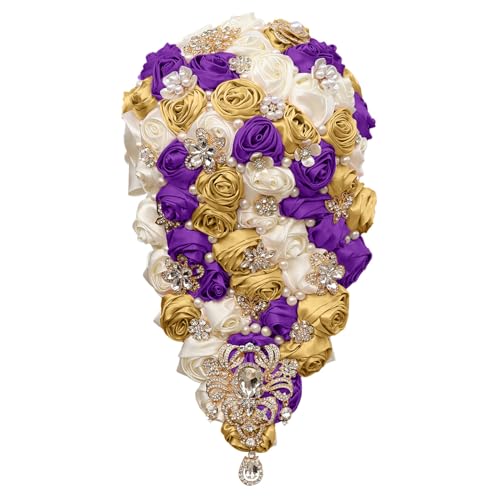 Handmade Satin Rose Water Drop Bridal Bouquet,8.7inch Crystal Wedding Round Tossing Bouquet,Jewelry Proposal Bridesmaid Bouquet Groom Corsage Bride Wrist Flower Ivory (07#Ivory Purple Gold) - color: 07#ivory Purple Gold