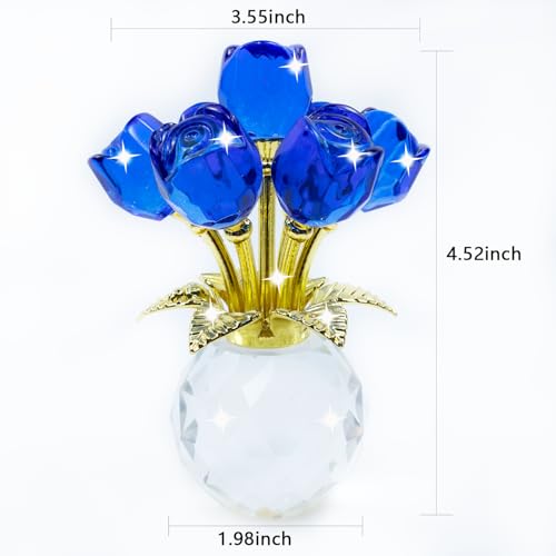 TWINKLING Crystal Roses Figurine with Round Vase, Glass Rose Crystal Flowers Bouquet, Birthday, Anniversary,Wedding, Home Décor,Gold Leaf (Blue) - color: Blue(gold Leaf)