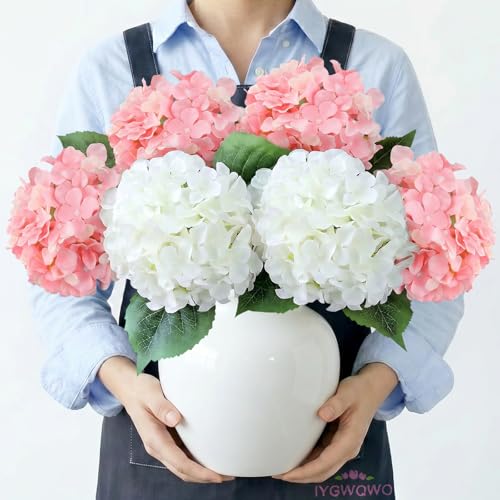 20" Silk Hydrangea Artificial Flowers 2Pcs White/ 4Pcs Pink Long Stems Real Looking Bouquet for Living Room Wreath Decor - color: White/Pink