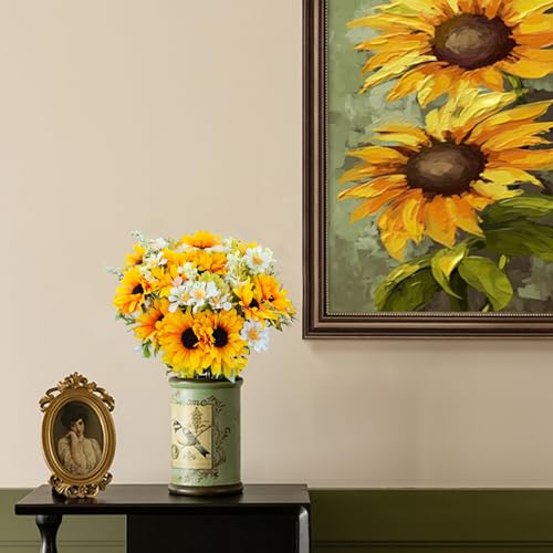 5 Bunches Artificial Sunflowers Bouquets, Fake Silk Sunflower with Faux Daisy Wildflowers Plants for Home Decor Indoor Floral Arrangements Table Centerpiece Bridal Wedding Decor (Orange) - color: Orange