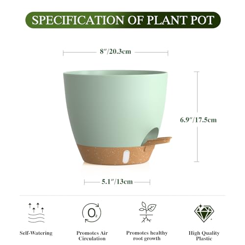 Self Watering Pots with Drainage Holes, 2 Pack 8 Inch Plant Pots with Water Level Indicator Deep Reservoir, Large Plastic Planter for Indoor Outdoor Plants - Green Brown - color: Green Brown, size: 8 Inch 2 Pack