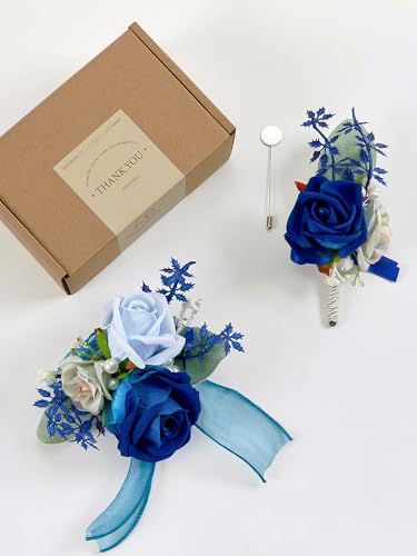 SITUMEIZI 2Pcs Deep Blue Corsage and Boutonniere Set Wrist Corsage Bracelets and Boutonniere for Men Wedding Prom Party Suit Decor - color: Deep-blue