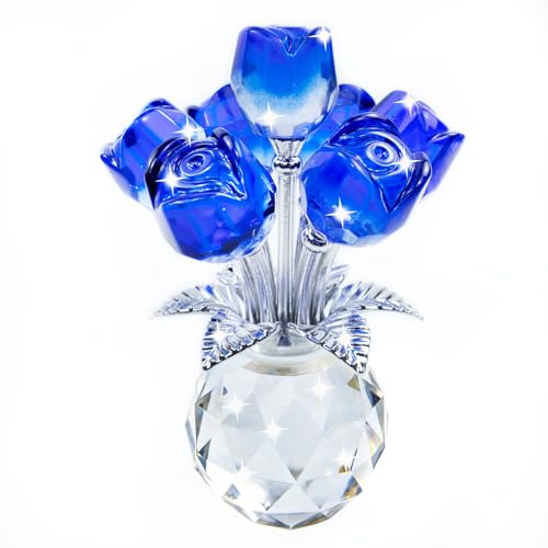 TWINKLING Crystal Roses Figurine with Round Vase, Glass Rose Crystal Flowers Bouquet, Birthday, Anniversary,Wedding, Home Décor,Silver Leaf (Blue) - color: Blue(silver Leaf)
