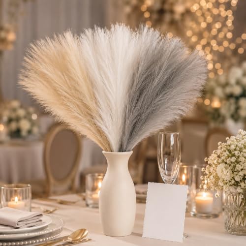 30Pcs Artificial Pampas Grass Decor - 21.7" Fluffy White Beige Grey Faux Flowers for Vase, No Shed Boho Room Decor, Wedding Table Centerpieces & Photography Props - size: White Grey Beige