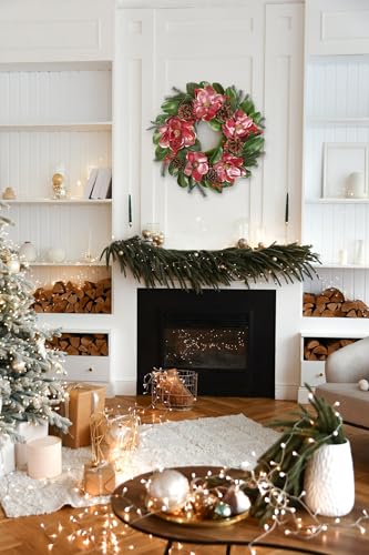 Briful 24in Christmas Magnolia Flower Wreath for Front Door Artificial Red Magnolia Floral Wreath with Pine Cones Berries Outdoor Christmas Wreath for Xmas Home Room Wall Window Mantle Decor - color: 24in Wreath