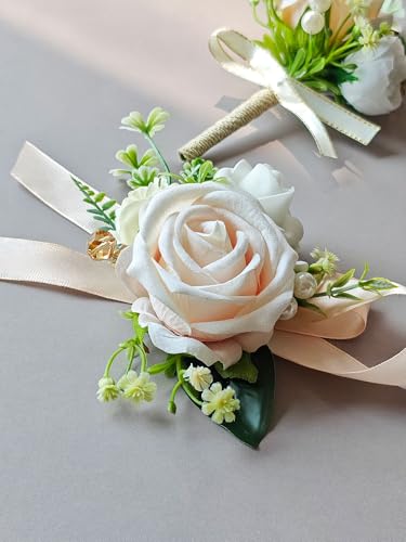 Corsage and Boutonniere Set with Champagne Roses for Bride, Groom, Bridesmaids Groomsmen Weddings, Proms, Homecomings. Perfect Party Suit Decor Wedding Flowers Accessories (Champagne) - color: Champagne