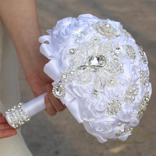 Bridal Wedding Bouquet Round Bling Brooch Bouquet Artificial Rose Flower Bunch for Bride Bridesmaid Wedding Quinceanera(White, 8.7") - color: White, size: Medium (Dia. 8.7"/22cm)