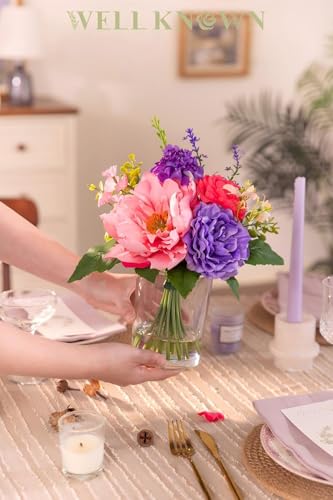 WELL KNOWN Artificial Flowers in Vase with Fake Water, Pink & Purple Silk Flowers Fake Ranunculus Peonies Lilac Bouquet for Home Wedding Party Dining Table Baby Shower Decor & Birthday Gift (Violet) - color: Violet & Pink