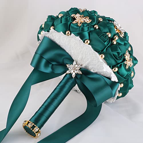 One Big Size(8.26") Gold Diamond Bridal Wedding Bouquet Bridesmaid Toss Bouquet Foam Rose Bouquet with Ribbon W666-21 Emerald Green - color: Emerald Green