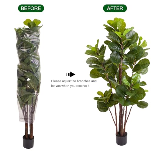 GlowSol Faux Fiddle Leaf Fig Tree, 5 Ft Artificial Ficus Lyrata Plant with 102 Fiddle Leaves, Fake Floor Plant in Pot for Indoor Outdoor Living Room House Office Bedroom Decor - size: 4ft 11in