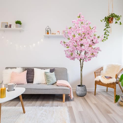 6FT Cherry Blossom Tree Artificial - Flower Trees Tall Artificial Plant, Large Pink Sakura Blossom Flowers Tree for Living Room Porch Entryway Office Decorations Indoor Outdoor