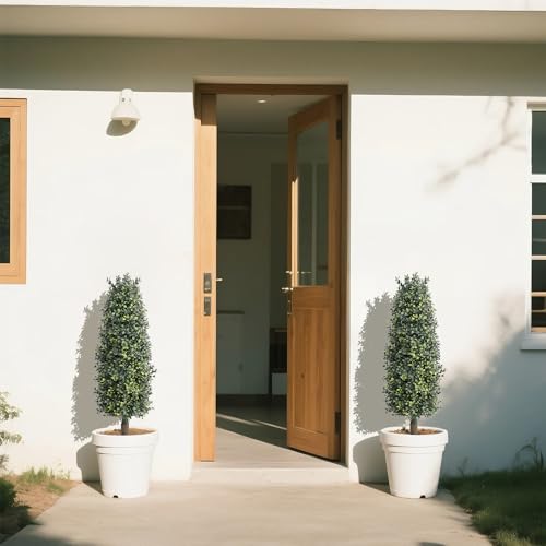 36" Artificial Boxwood Topiary Trees with Ground Spike Set of 2, Outdoor 3ft Faux Boxwood Topiaries Cone Bushes Trees Fake Shrubs Plants Front Porch Decor Outside Garden - size: Boxwood 36 inch