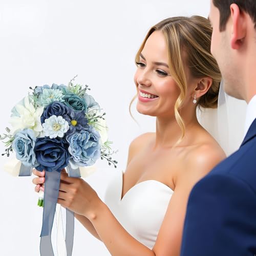 Wedding Bouquets for Bride Bridesmaid 8.5 Inch Dusty Blue Artificial Roses Flowers Bridal Bouquets for Bride Wedding Marriage Proposal Party Church Decoration - color: Blue