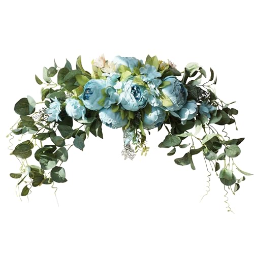 H&S BRIDAL Wedding Arch Flowers, 30 Inch Rustic Artificial Floral Swag for Door Lintel, Green Leaves Rose Peony Sunflowers Table Centerpieces Home Decoration - color: Blue
