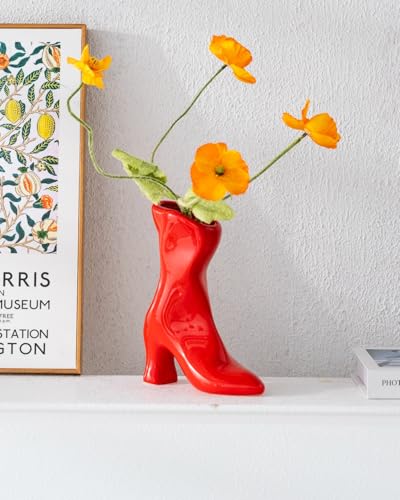 Ceramic Boot Vase for Modern Home Decor,7.9" High Heel Bootie Flower Vase,Quirky Funky Aesthetic Room Decor,Trendy Coffee Table Centerpiece for Women(Red) - color: Red
