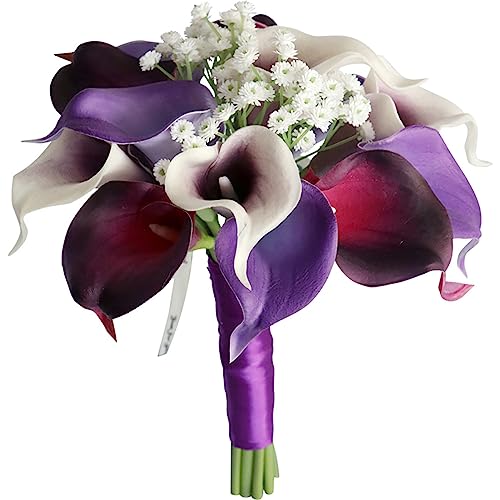 Wedding Bouquets for Bride Bridesmaid, Purple Calla Lily Water Drop Waterfall Bridal Artificial Flowers Bouquet Cascading Bouquet for Wedding Ceremony Anniversary Party Home Decor, E - color: Purple Calla Lily Bouquet E