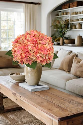 Artificial Hydrangea Flowers Real Touch Faux Hydrangeas Flower 7 Inch Large Hydrangea Heads with Unique Petal Shape, 23.6" Long Pink Hydrangeas Stems for Vase Wedding Home Table Centerpiece Decor - color: Whiskey