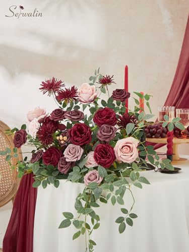 Serwalin Silk Flowers Burgundy Artificial Flower for DIY Wedding Decoration Fake Roses Pink and Red with Stems and Greenery Box Combo for Bridal Bouquet Table Centerpieces Flower for Party Baby Shower - color: A Burgundy Pink, size: 1 Box