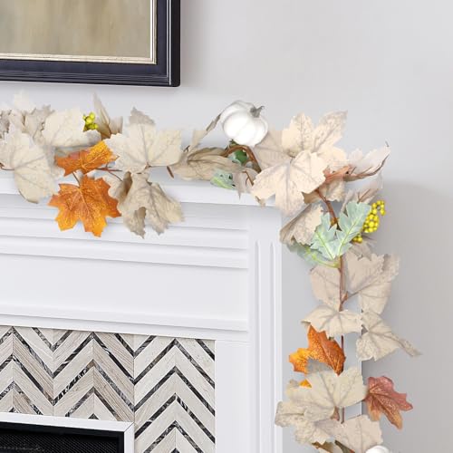 Fall Garland with Pumpkins and Berries – 6ft Artificial Maple Leaf Garland with Cream and Orange Leaves for Thanksgiving, Fireplace, Front Door, Farmhouse Autumn Decorations - color: Orange