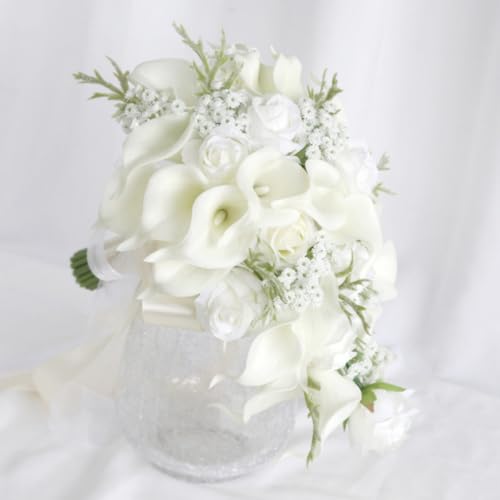 10.2 Inch Cascading Bride Bouquet for Wedding Cascade Artificial White Rose and Calla Lily Flower Waterfall Bridal Wedding Bouquet Rustic Bridal Shower - color: White Rose, Calla Lily & Gypsophila