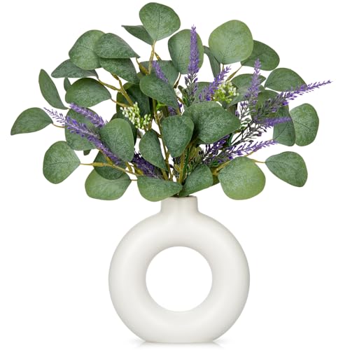 Artificial Eucalyptus Stems in Ceramic Vase 14.23" Fake Eucalyptus Plant Decor White Donut Vase with Greenery Centerpiece Table Decorations Small Faux Green Plant for Home Farmhouse Wedding Table - color: Whie