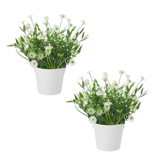 Fake Plants Daisy for Bathroom Decor, Small Potted Artificial Plants Indoor for Shelf Desk Home Bathroom Farmhouse Room Coffee Table Decor, White (Pack of 2) - color: White