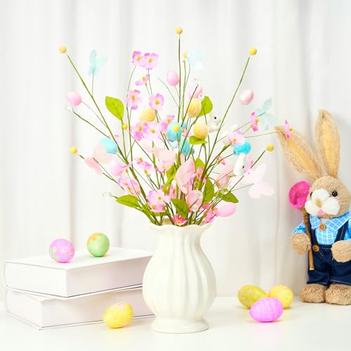4 Pcs Artificial Easter Stems Decorations, Colorful Egg Branches with Glitter Butterflies Decor, Spring Flowers and Bunny for Vase Arrangement Centerpiece Decor
