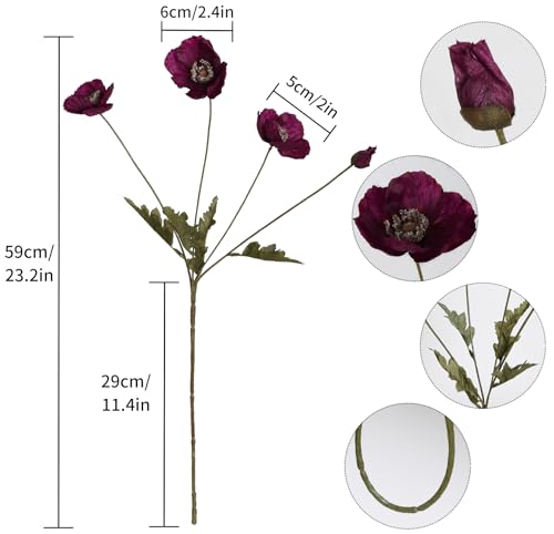 IPOPU Burgundy Silk Flowers 6PCS Fake Poppies Artificial Flowers for Veterans Day Floral Centerpieces, Tables, Wedding Decorations, Reception - color: Plum Burgundy