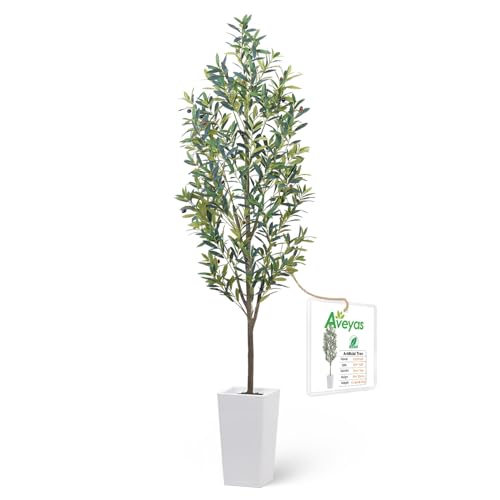 Aveyas 7ft Artificial Olive Tree for Home Decor, 7 Feet Large Faux Plant Fake Skinny Silk Trees with Pot for Indoor Outdoor House Living Room Office (7 ft Tall Including Raised Pot) - color: Olive Tree (7ft)
